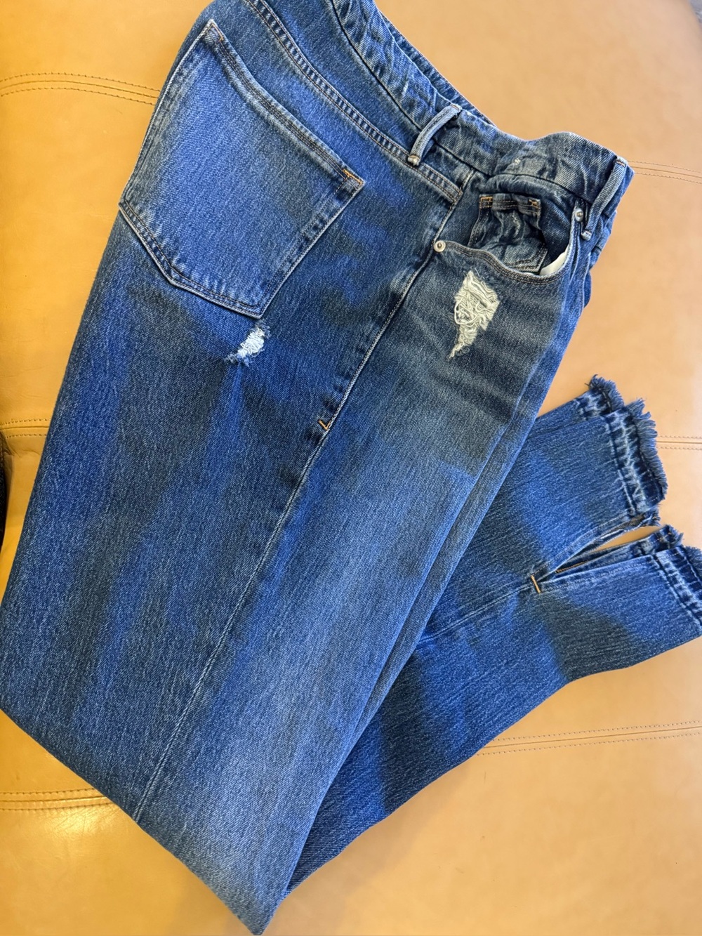 Good American Mid-Blue Straight-Leg Distressed Jeans